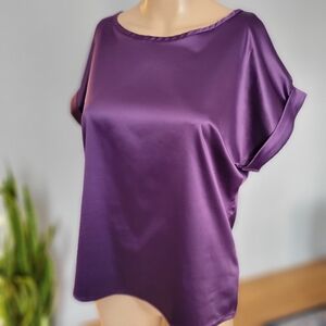 Satin Top, Purple Short Sleeve Satin Sheen Blouse, Size Small